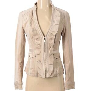 White House Black Market Womens Sz 8 Tan Beige Velvet Ruffles Blazer Romantic